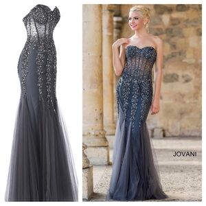 Jovani 5908 sheer beaded corset mermaid evening gown
